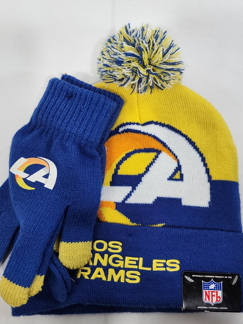 Los Angeles Rams NFL Knit Beanie Hat w/ Removable Pom & Gloves Set Blue/Yellow